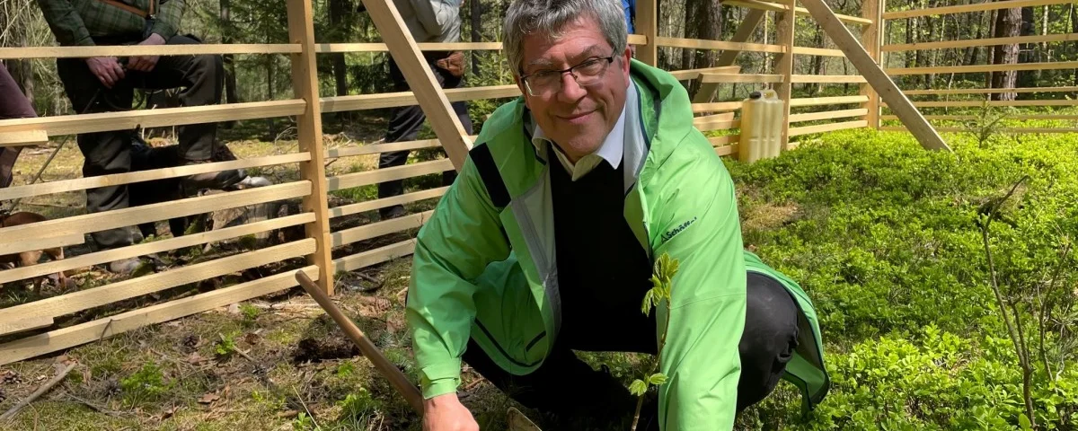 Landesbischof Friedrich Kramer pflanzt einen Baum im Kirchenwald Zeutsch (Susann Wilke)